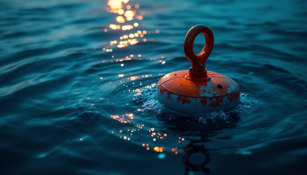 A photograph of a mooring buoy in a serene marine environment