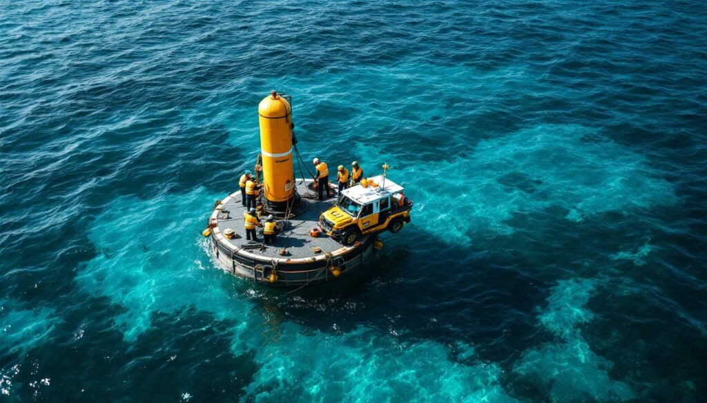 A photograph of capture a photograph of a mooring buoy floating steadily in clear ocean waters