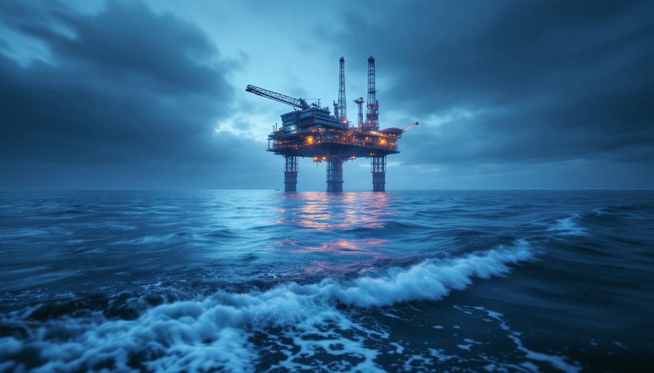 A photograph of a large offshore platform gently swaying on the water's surface