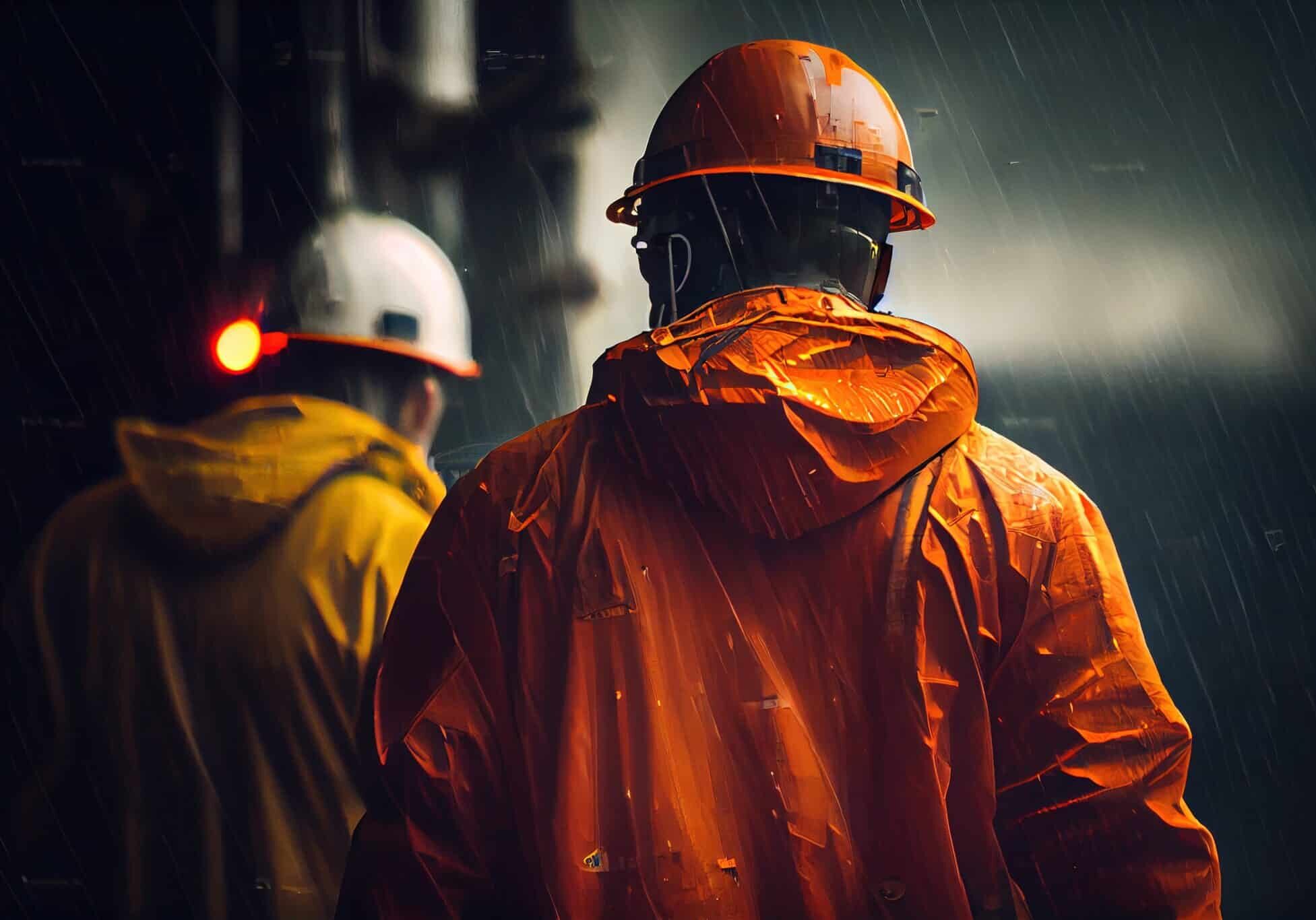 Industrial workers in orange overalls and helmets offshore