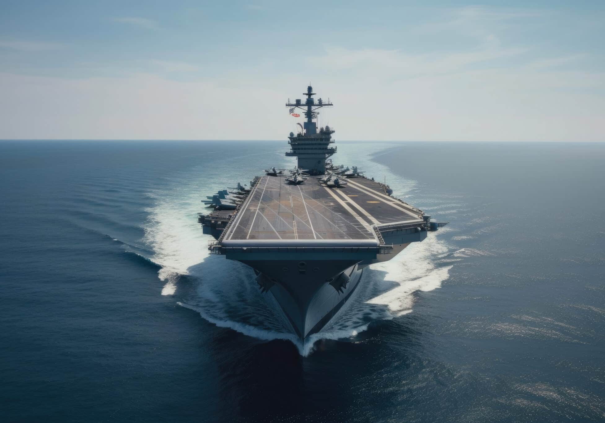 Aircraft carrier crossing the ocean. Generative AI