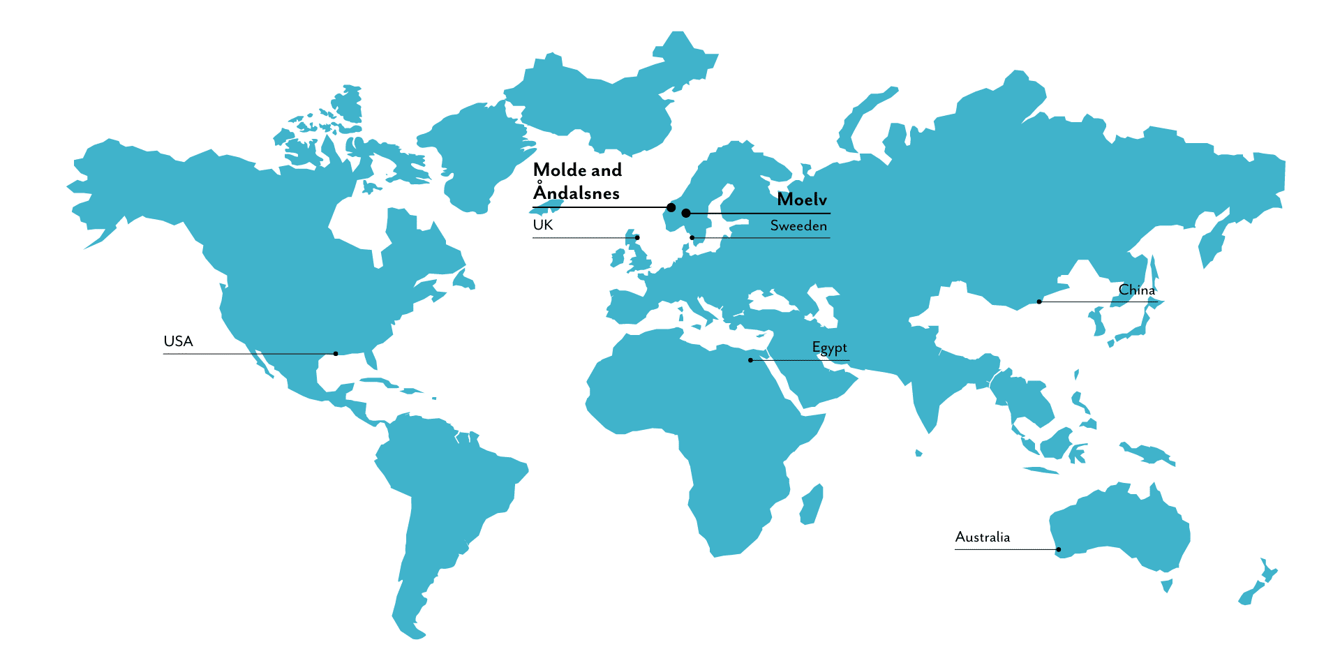 Map showing our locations in Molde, Åndalsnes, Moelv, UK, Sweden, USA, Egypt, China and Australia