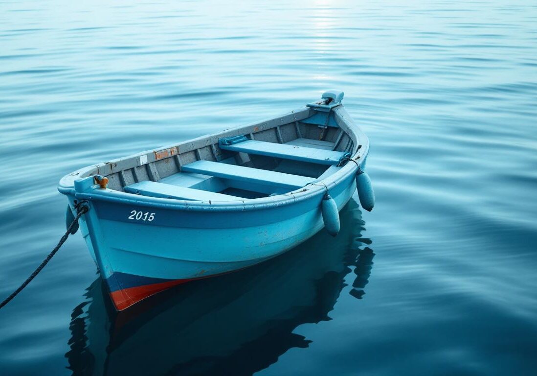 A photograph of a moored vessel in calm waters