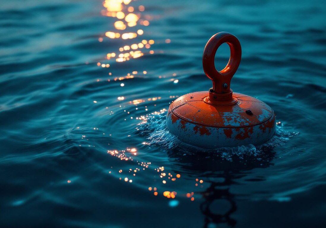 A photograph of a mooring buoy in a serene marine environment