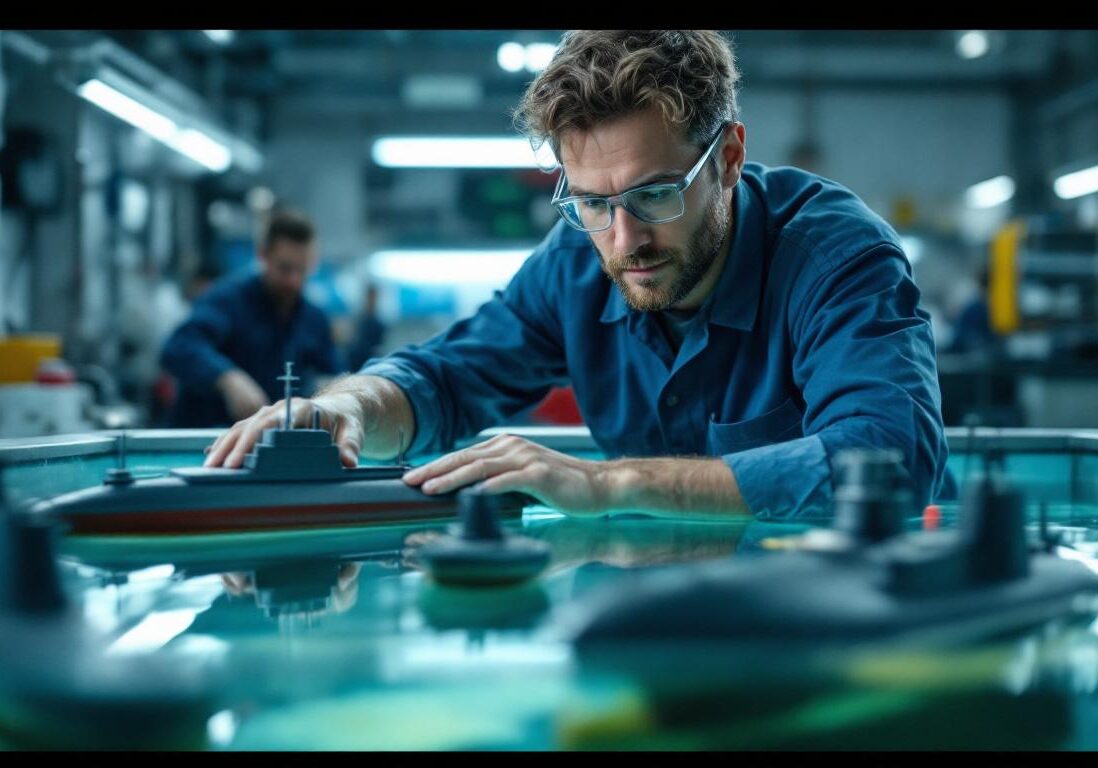 The role of buoyancy in marine engineering A photograph of a marine engineer conducting experiments with buoyancy in a laboratory setting