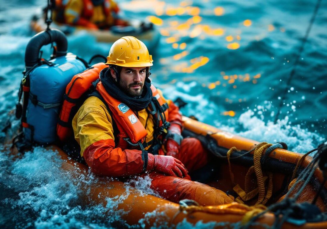 A photograph of a professional offshore worker in a safety harness
