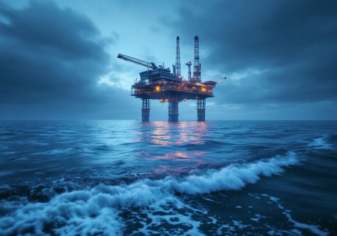 A photograph of a large offshore platform gently swaying on the water's surface
