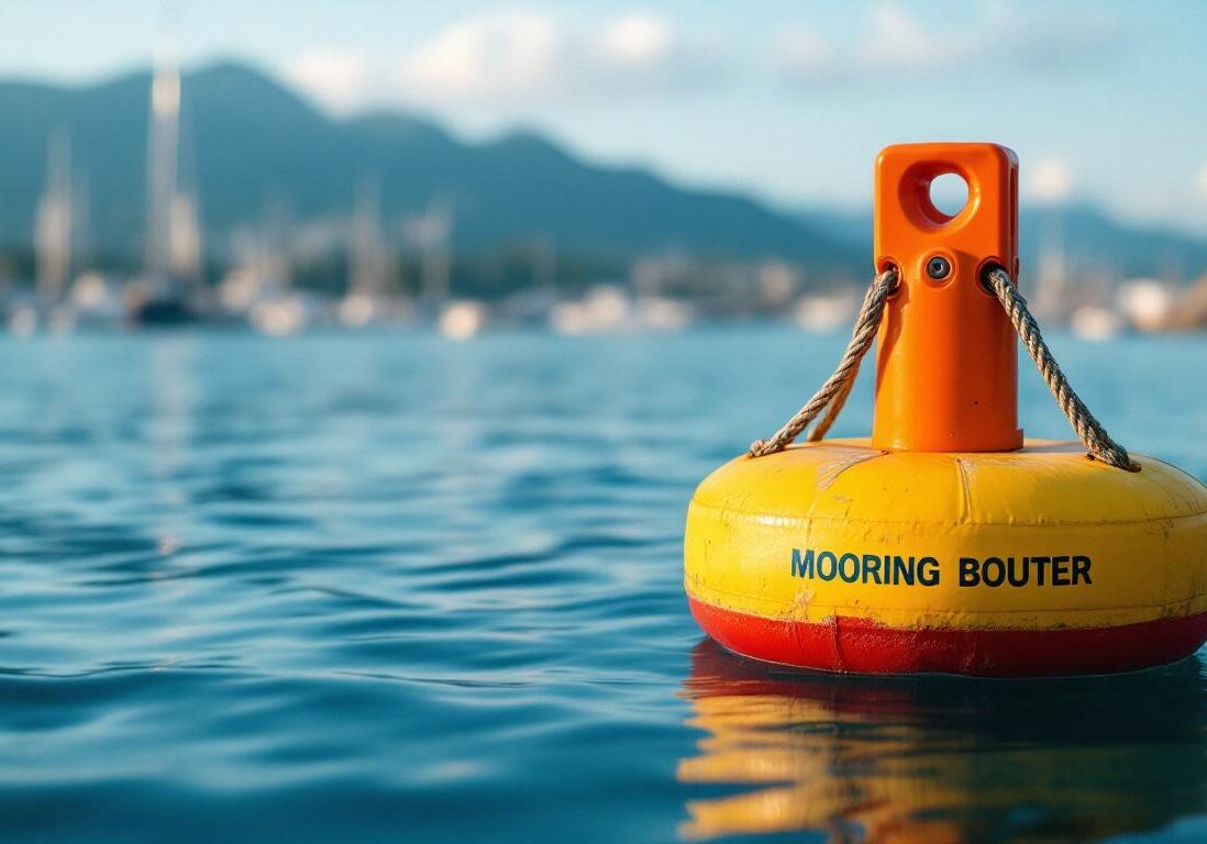 A photograph of a colorful mooring buoy bobbing gently on the water
